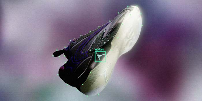 Side view of Luka Doncic's black and purple Jordan Brand shoe.